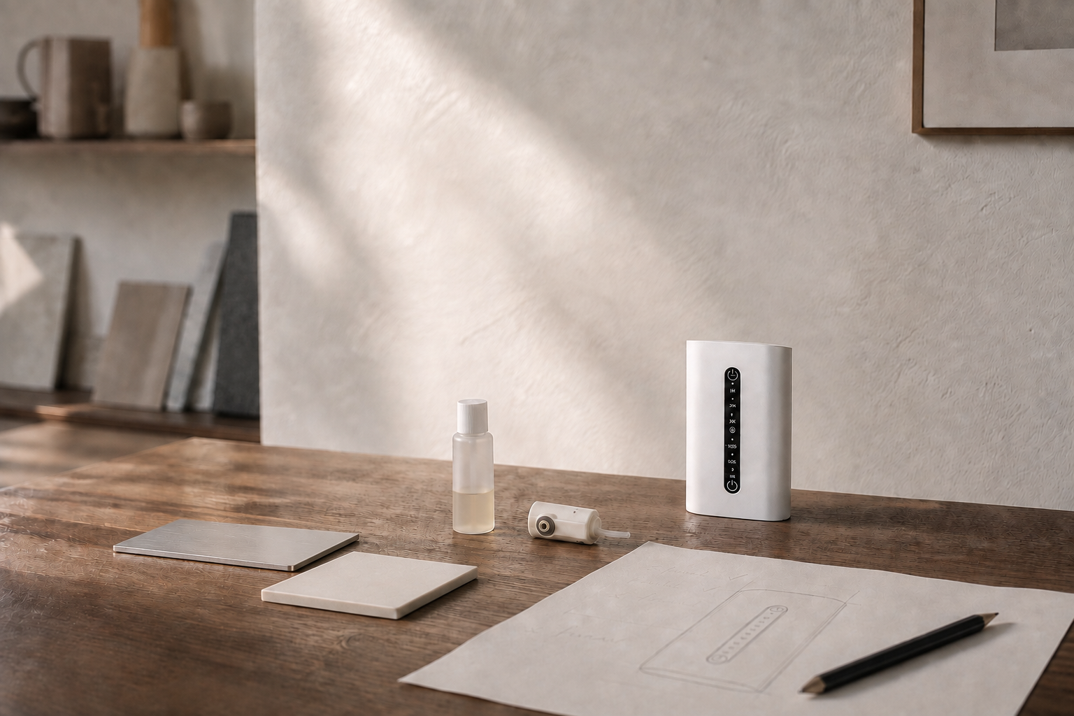 White commercial scent diffuser evaluated on a product-development worktable with material samples and technical sketches.
