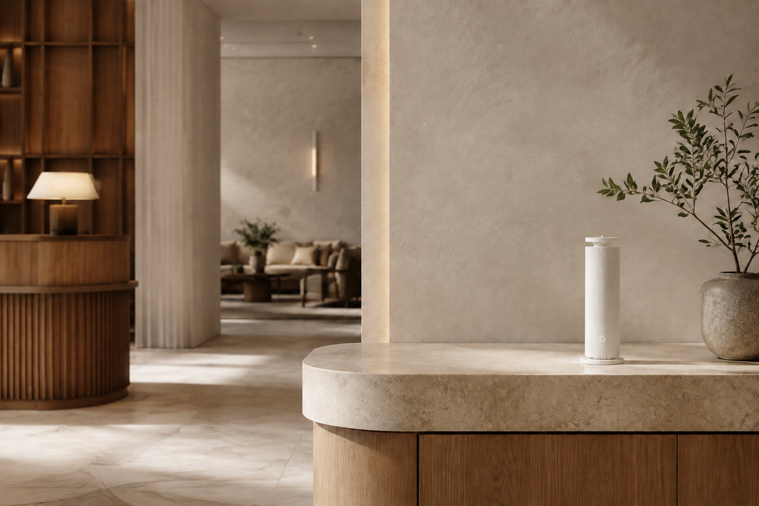 Fabric-wrapped scent diffuser integrated into a warm contemporary hotel reception interior with natural stone and wood.