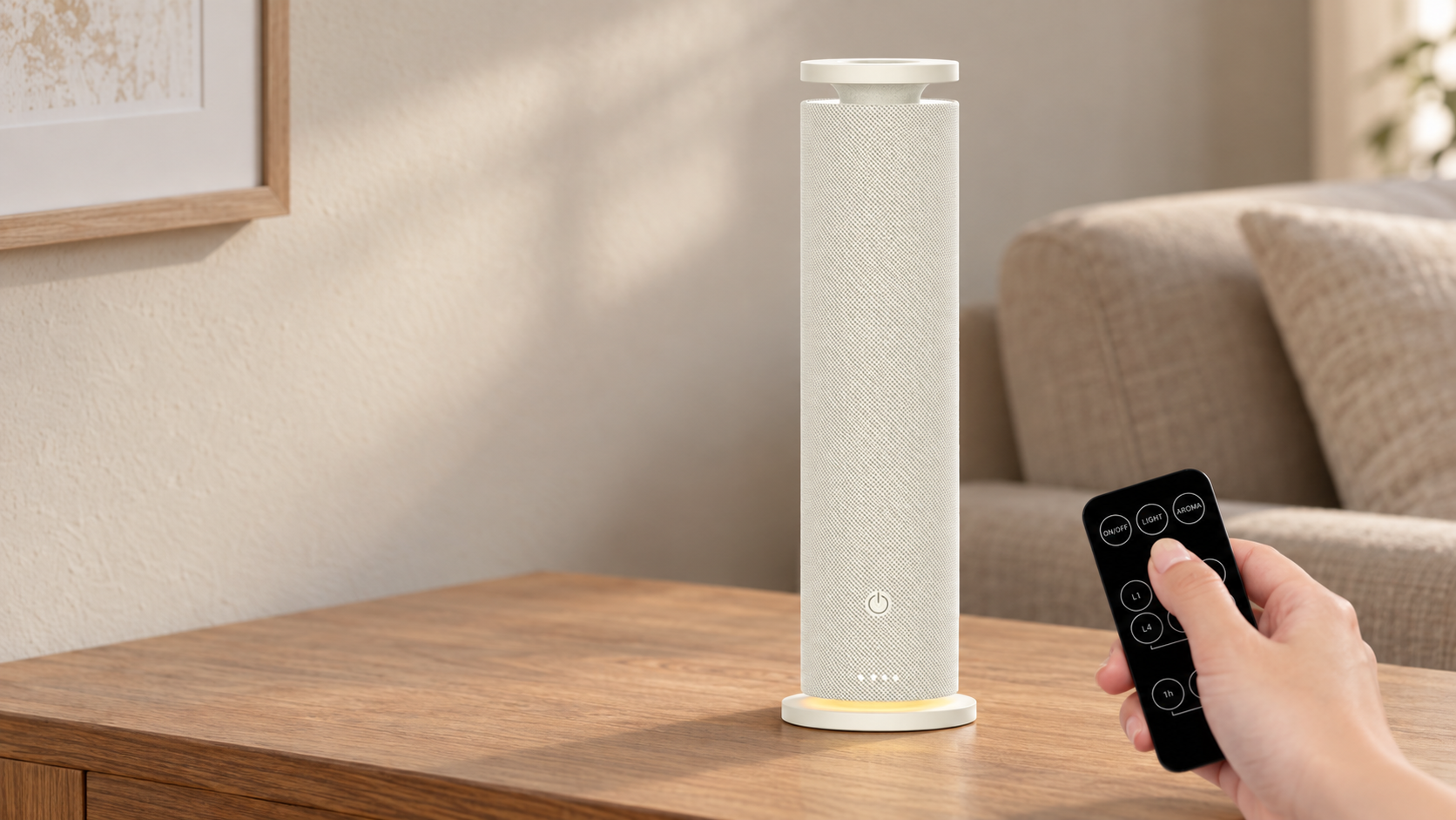 White fabric-wrapped scent diffuser on a wooden table while a person uses a handheld remote in a warm residential interior