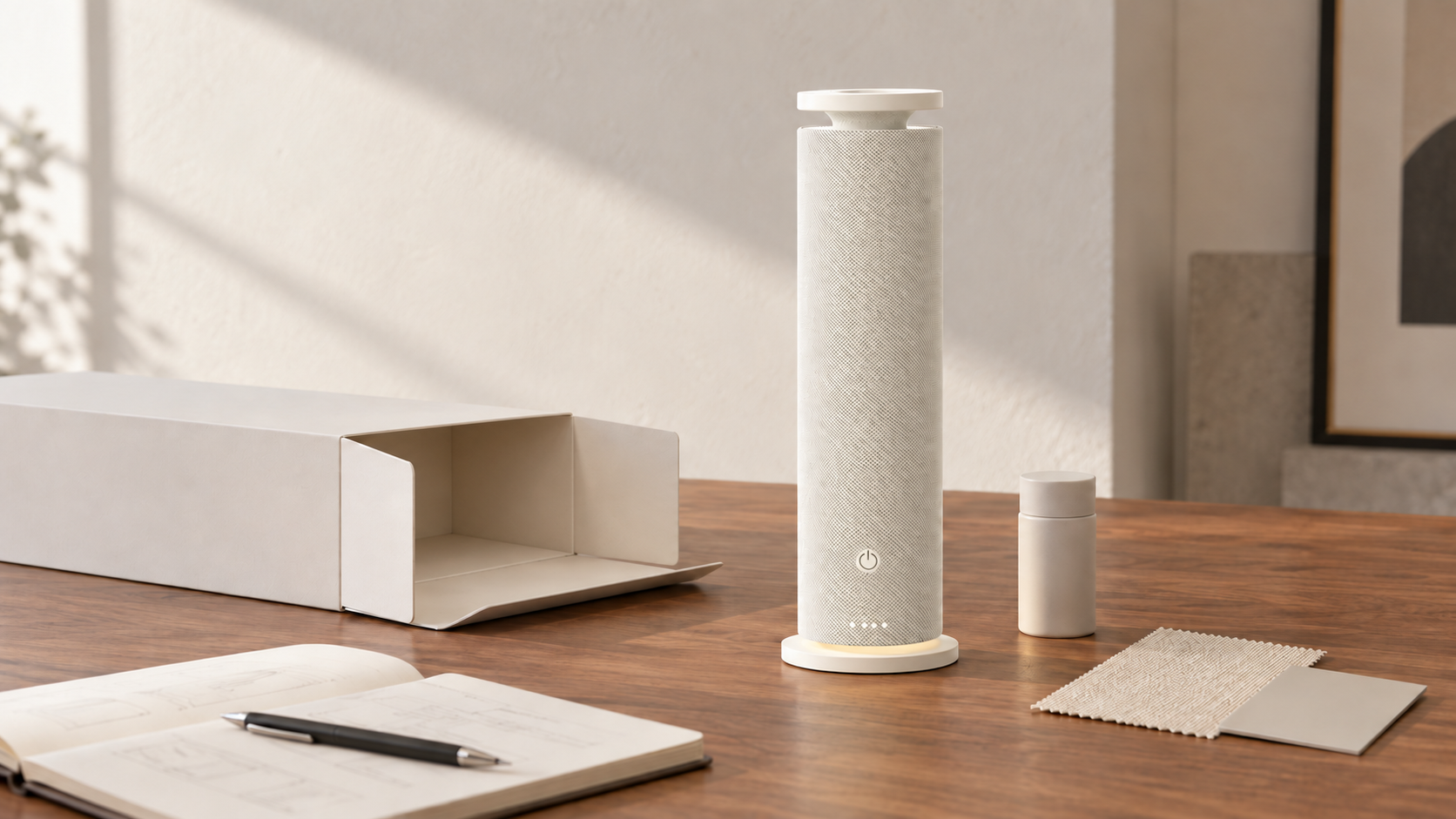 Fabric-wrapped waterless scent diffuser shown with a refill bottle, material samples, notebook and neutral packaging prototype on a product-development worktable.