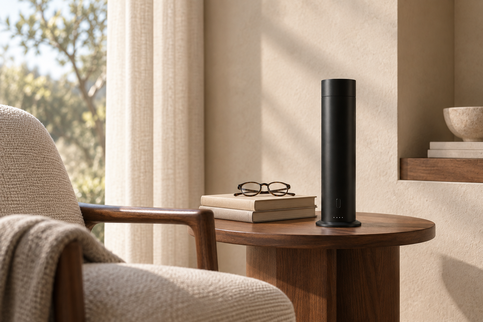 Black cylindrical diffuser on a wooden side table in a warm residential interior