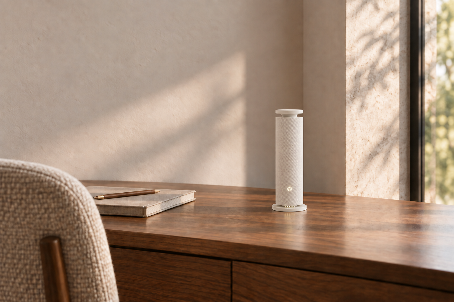 White fabric-wrapped scent diffuser on a wooden desk beside a notebook and pen in a warm sunlit interior