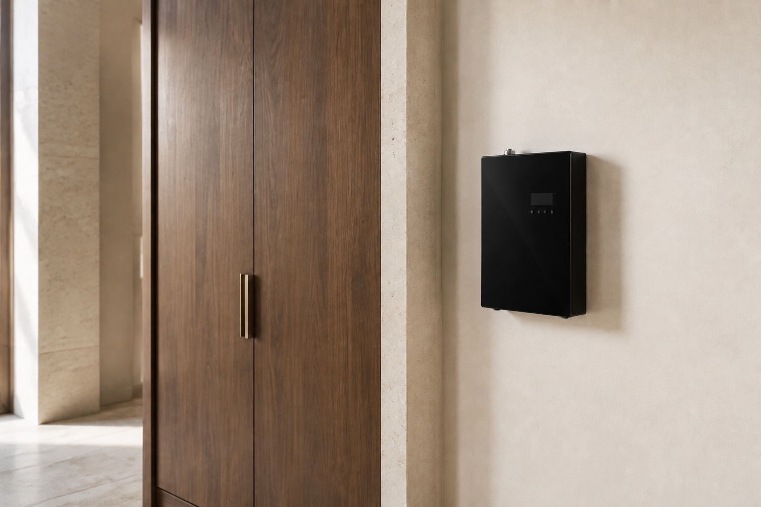 Black commercial scenting system wall-mounted beside walnut service cabinetry in a refined interior.