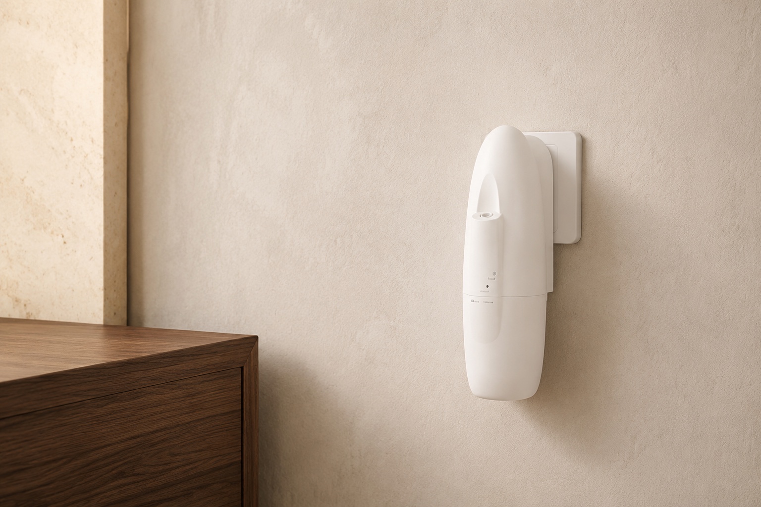 Compact white plug-in scent diffuser installed on a warm plaster wall beside walnut furniture.