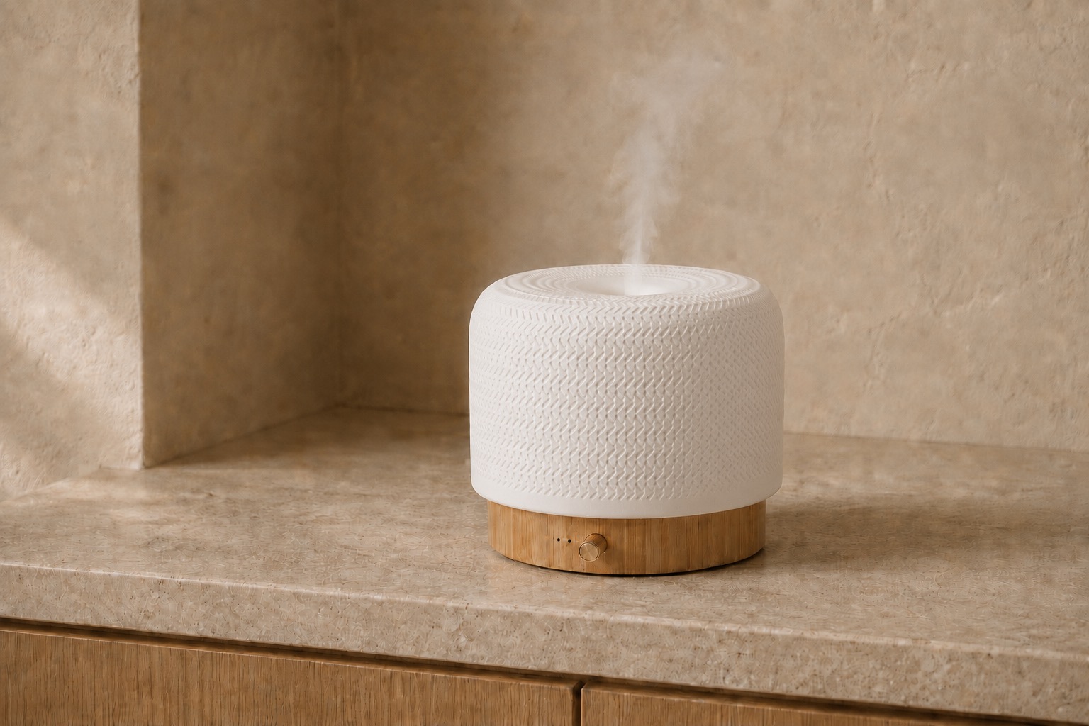 White textured ultrasonic diffuser with light wood base in a warm architectural interior.